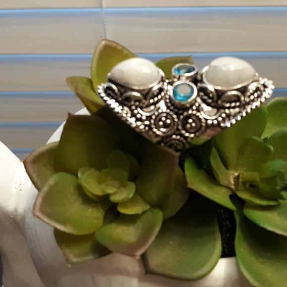 New Rainbow Moonstone & Blue Topaz 925 Silver Statement Ring. - Picture 5 of 8